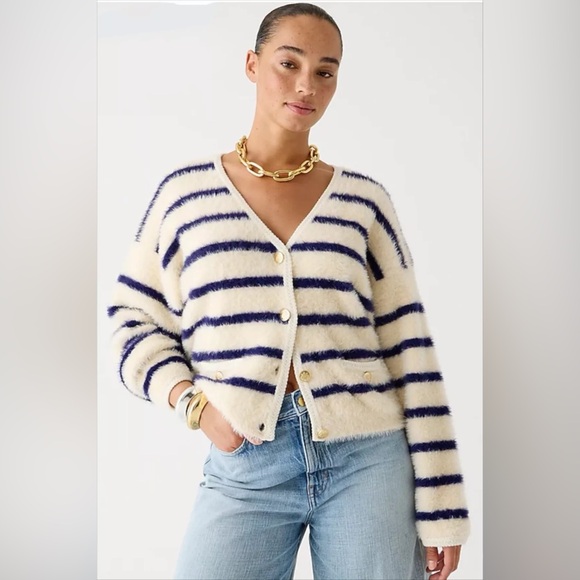 NWT Sweater lady jacket in striped brushed yarn size L (read more) Navy/Cream - Picture 1 of 8